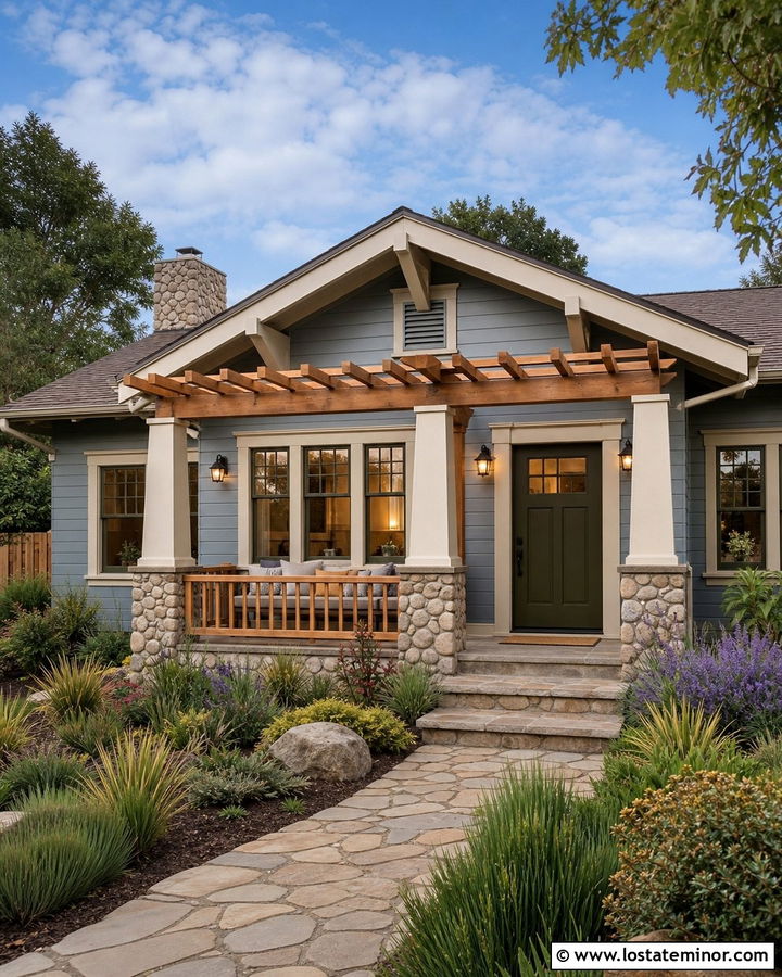 Dusty Blue Bungalow With Pergola - 30 Dusty Blue House Design With Pergola Ideas