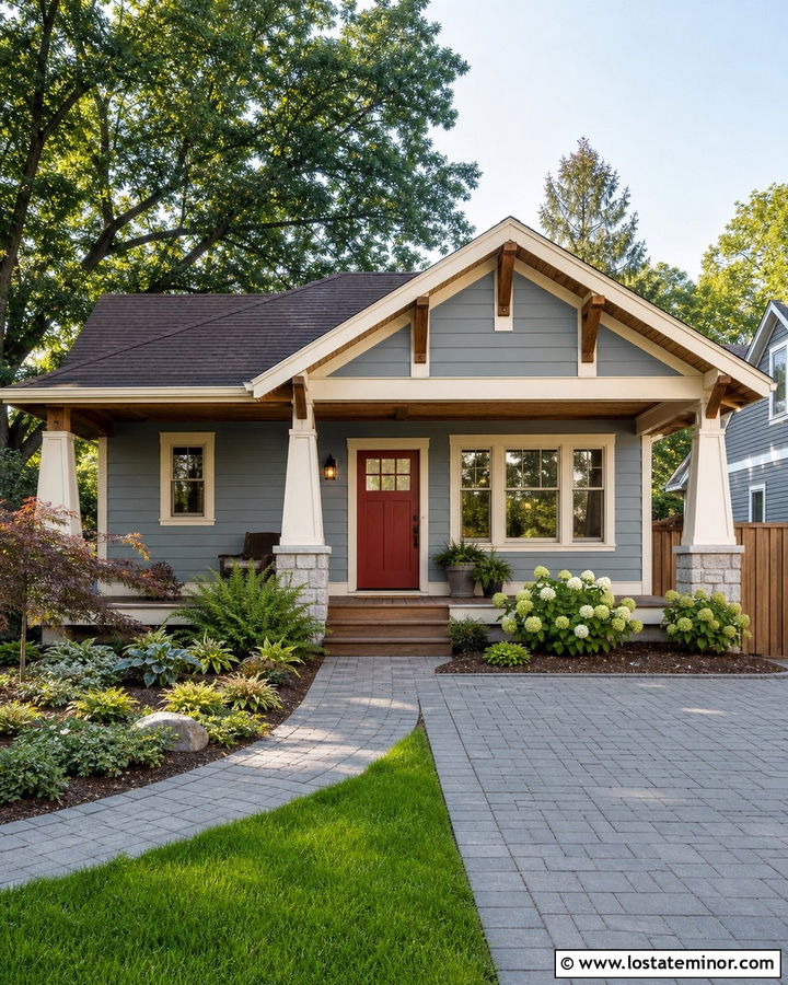 Dusty Blue Bungalow With Permeable Paver Driveway - 30 Dusty Blue House Design With Driveway Ideas
