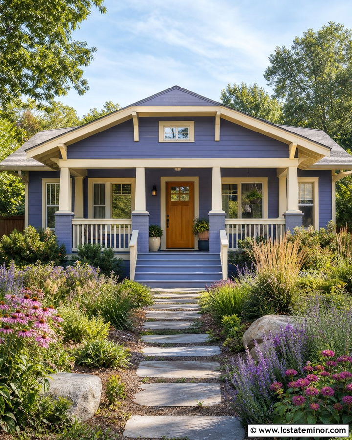 Dusty Blue Bungalow With Pollinator Front Yard - 30 Dusty Blue House Design With Front Yard Ideas