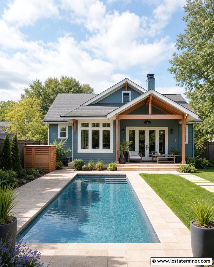 Dusty Blue Bungalow With Small Backyard Pool - 30 Dusty Blue House Design With Swimming Pool Ideas