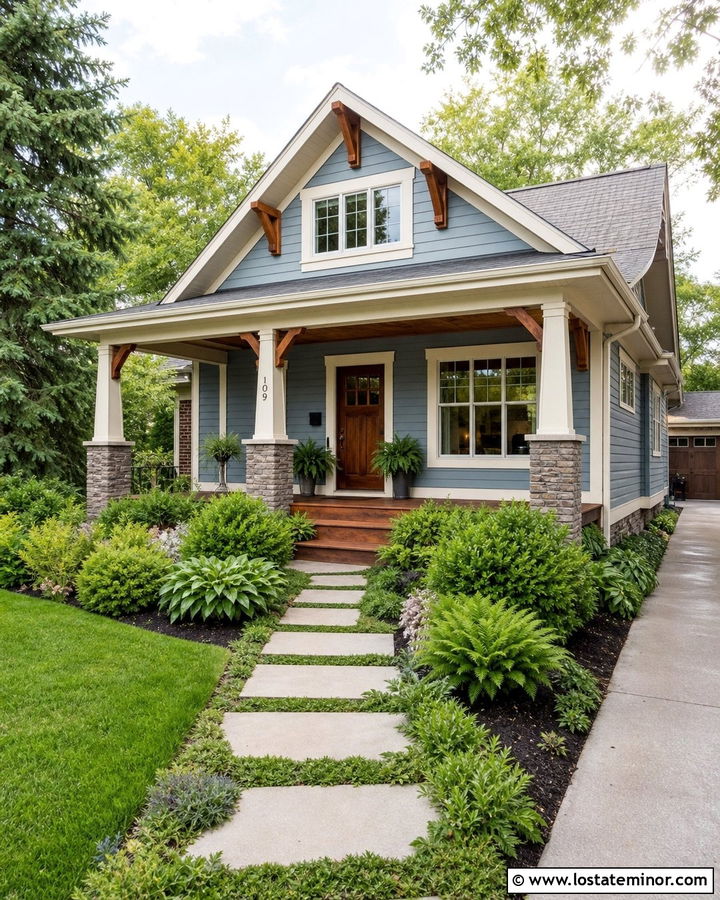 Dusty Blue Bungalow With Stepping Stone Walkway - 30 Dusty Blue House Design With Walkway Ideas
