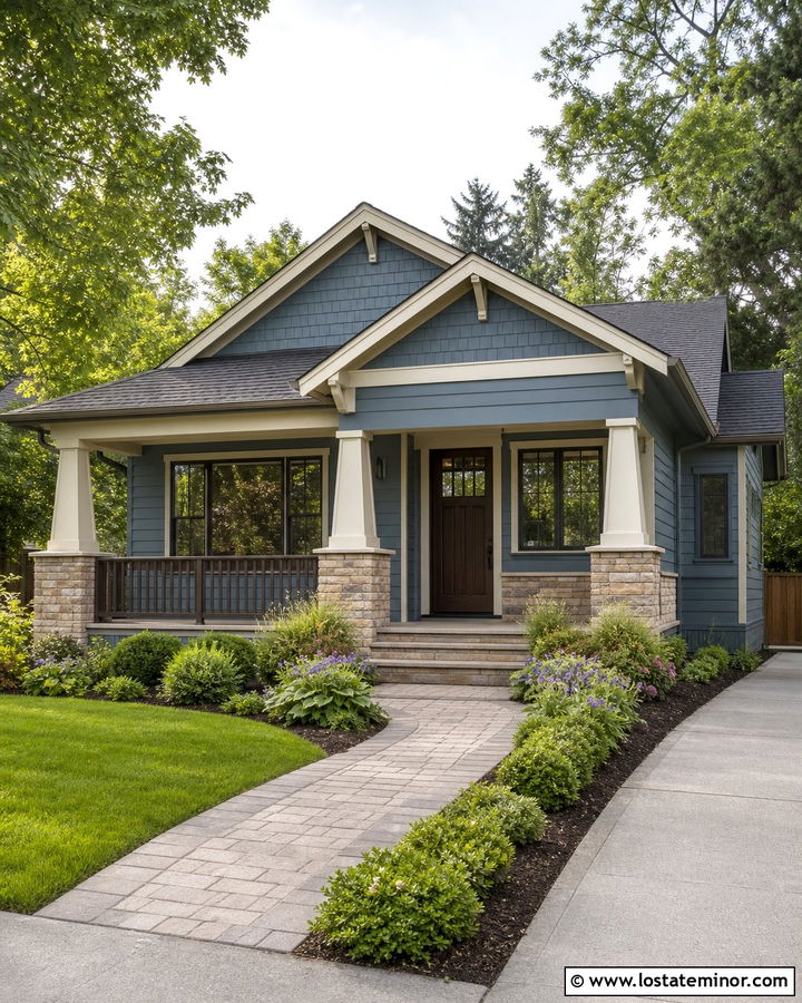 Dusty Blue Bungalow With Tan Stone Wainscoting - 30 Dusty Blue House Design With Wainscoting Ideas
