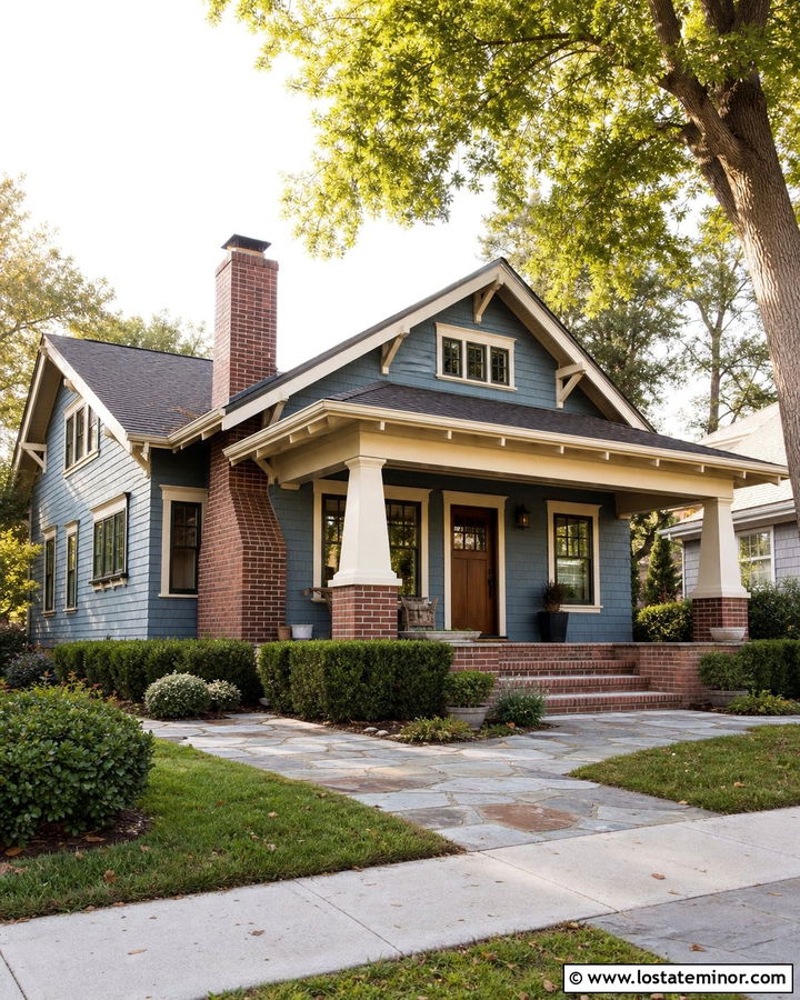 Dusty Blue Bungalow With Tapered Brick Chimney - 30 Dusty Blue House Design With Chimney Ideas