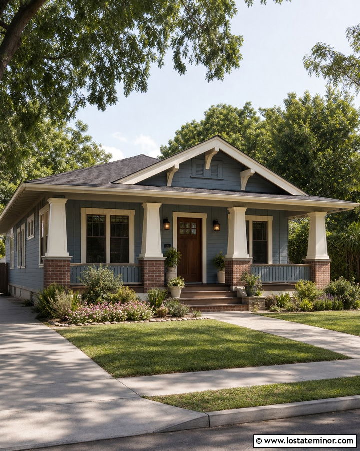 Dusty Blue Bungalow With Tapered Porch Columns - 30 Dusty Blue House Design With Front Porch Ideas