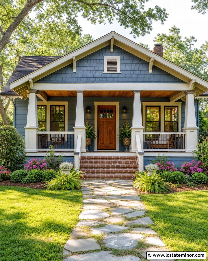 Dusty Blue Bungalow With Tapered Porch Railings - 30 Dusty Blue House Design With Railings Ideas