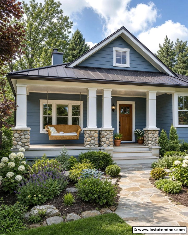 Dusty Blue Bungalow With Wicker Porch Swing - 30 Dusty Blue House Design With Swing Ideas