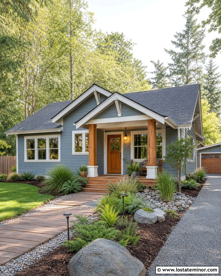 Dusty Blue Bungalow With Wood and Gravel Walkway - 30 Dusty Blue House Design With Walkway Ideas