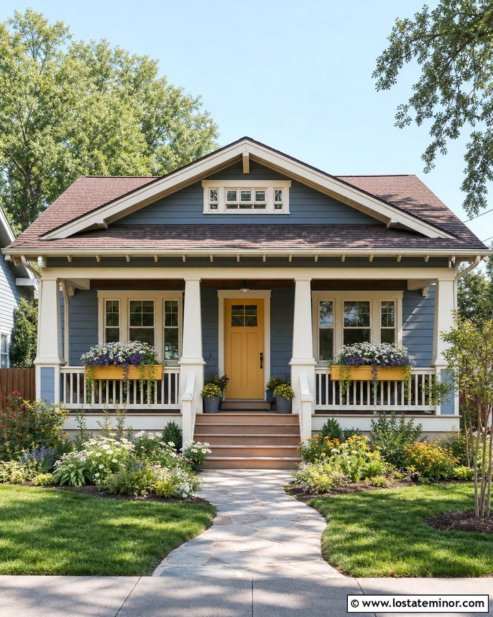 Dusty Blue Bungalow With Yellow Window Boxes - 30 Dusty Blue House Design With Window Boxes Ideas