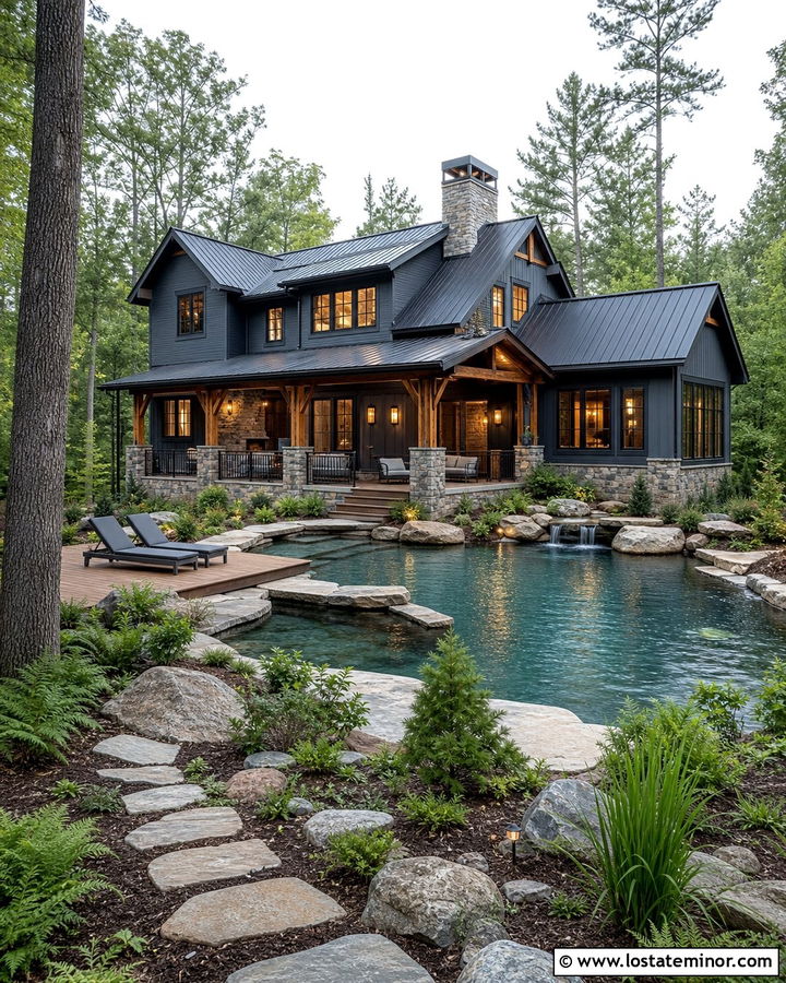 Dusty Blue Cabin House With Natural Pool - 30 Dusty Blue House Design With Swimming Pool Ideas