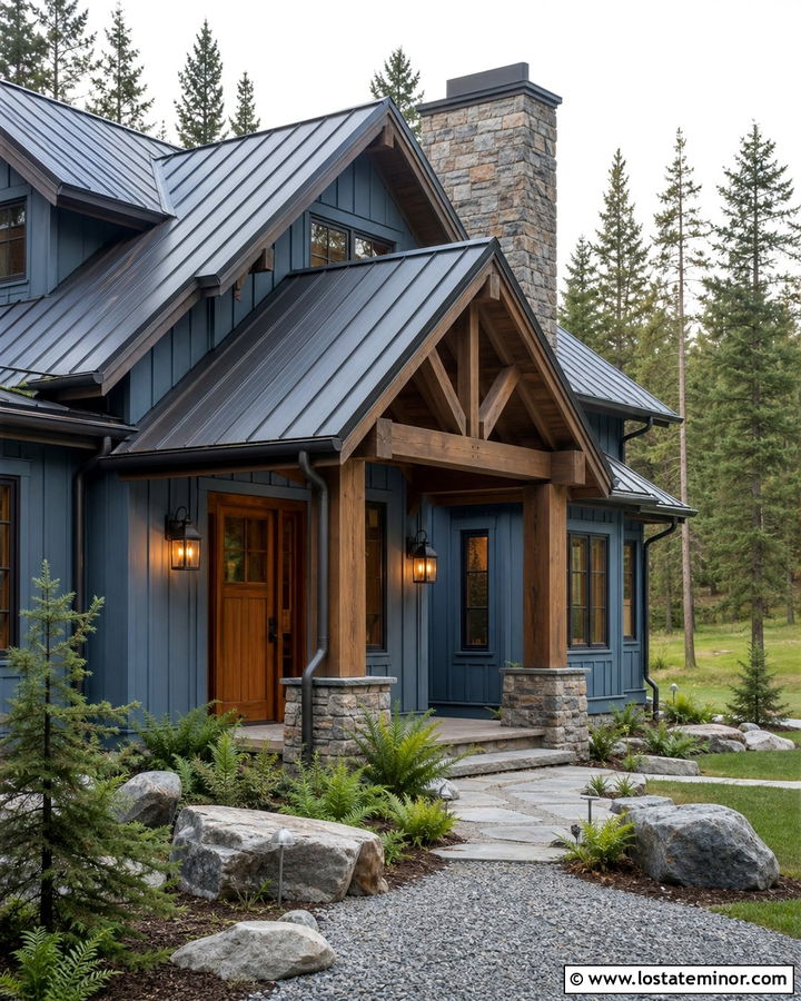 Dusty Blue Cabin With Dark Bronze Lights - 30 Dusty Blue House Design With Light Fixtures Ideas
