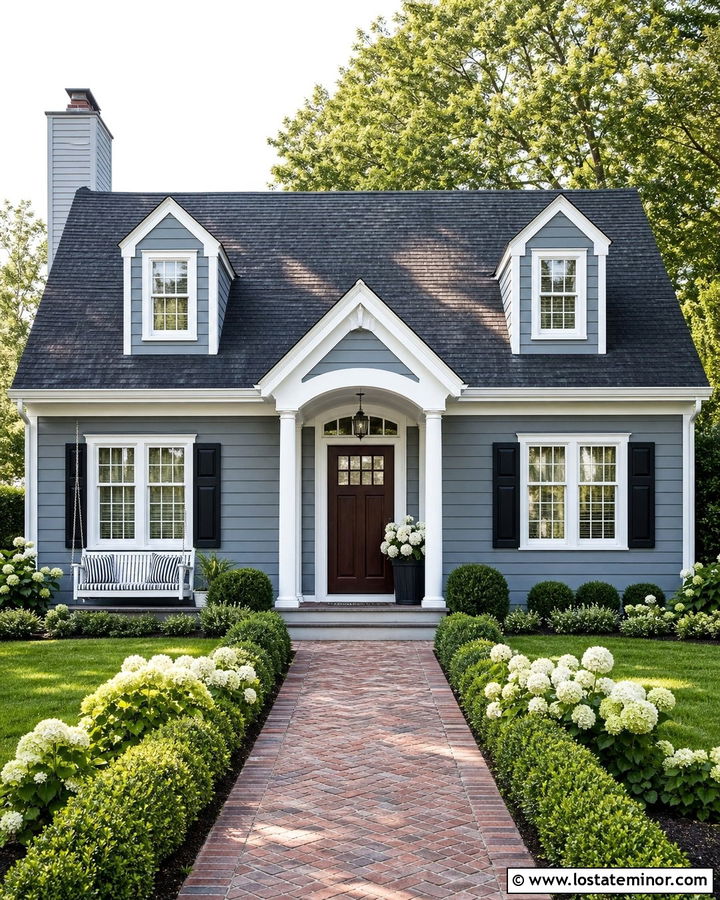 Dusty Blue Cape Cod House With Bench Swing - 30 Dusty Blue House Design With Swing Ideas