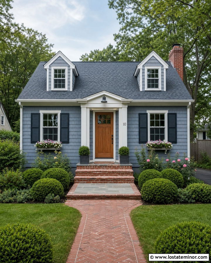 Dusty Blue Cape Cod House With Brick Steps - 30 Dusty Blue House Design With Brick Accents Ideas