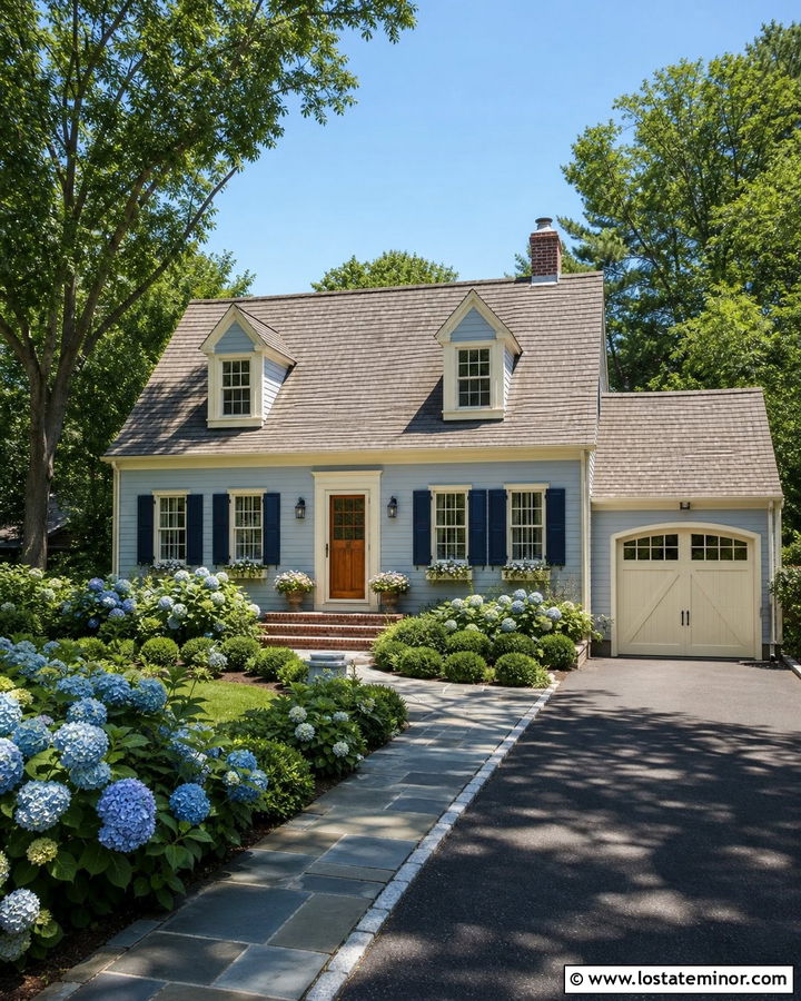 Dusty Blue Cape Cod House With Cream Garage Door - 30 Dusty Blue House Design With Garage Door Ideas