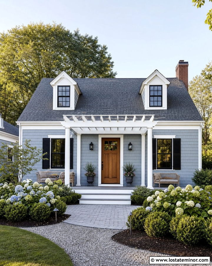 Dusty Blue Cape Cod House With Pergola - 30 Dusty Blue House Design With Pergola Ideas