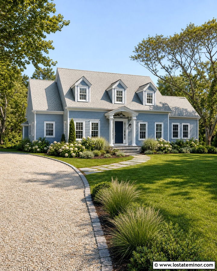 Dusty Blue Cape Cod House With Shell Driveway - 30 Dusty Blue House Design With Driveway Ideas