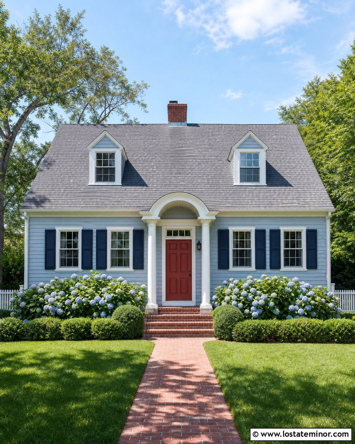 Dusty Blue Cape Cod With Arched Portico - 30 Dusty Blue House Design With Portico Ideas