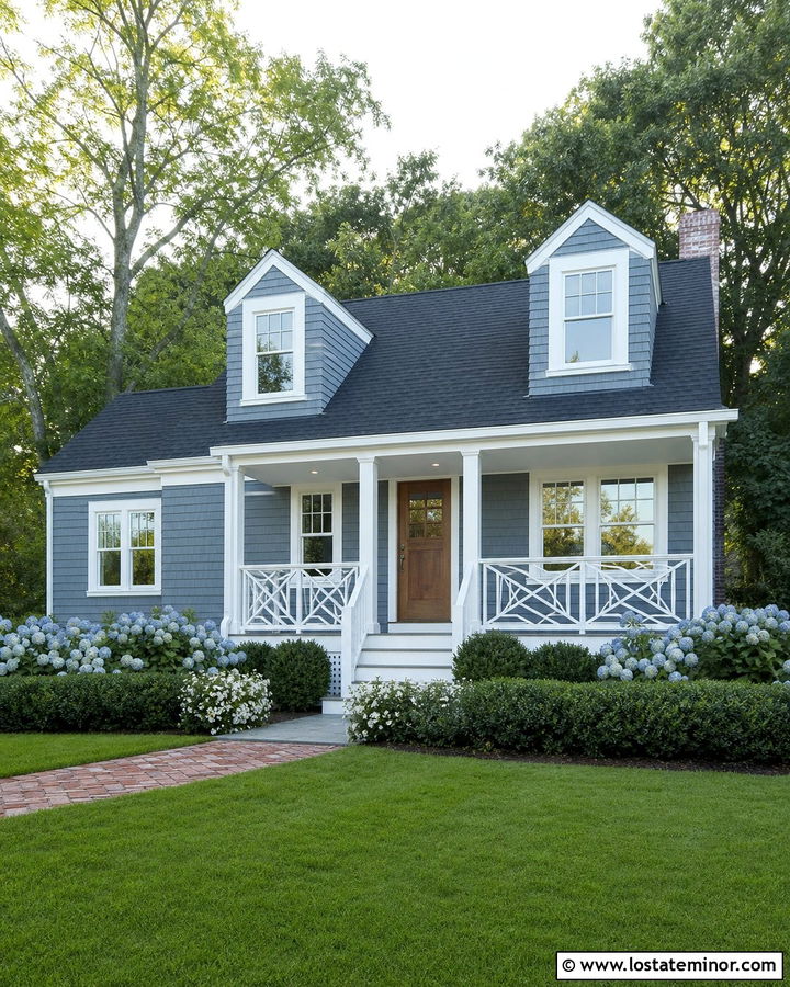 Dusty Blue Cape Cod With Chippendale Railings - 30 Dusty Blue House Design With Railings Ideas
