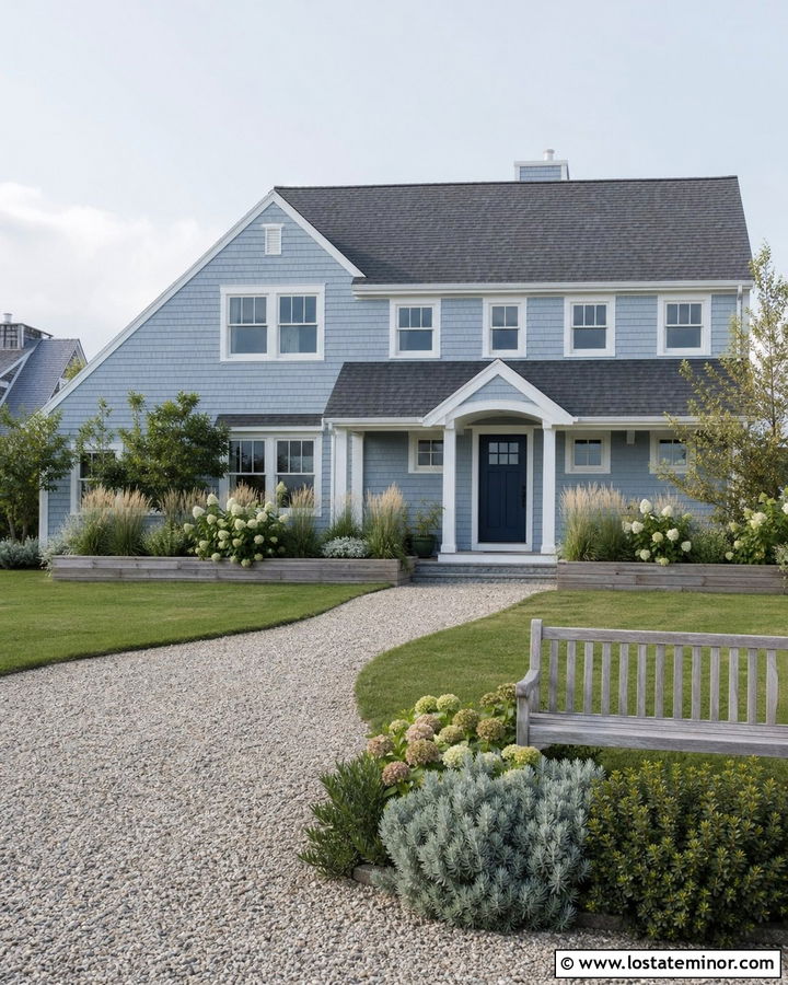 Dusty Blue Cape Cod With Coastal Front Yard - 30 Dusty Blue House Design With Front Yard Ideas