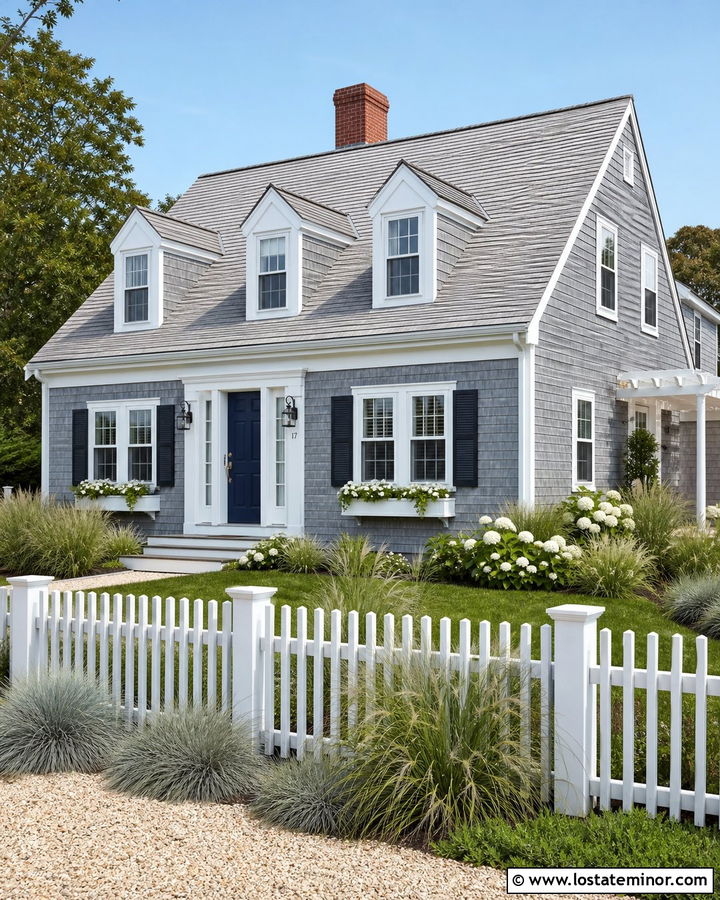 Dusty Blue Cape Cod With Coastal Grasses - 30 Dusty Blue House Design With Landscaping Ideas