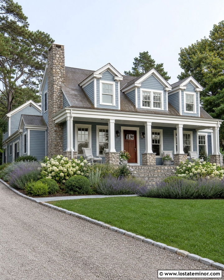 Dusty Blue Cape Cod With Cobblestone - 30 Dusty Blue House Design With Stone Accents Ideas