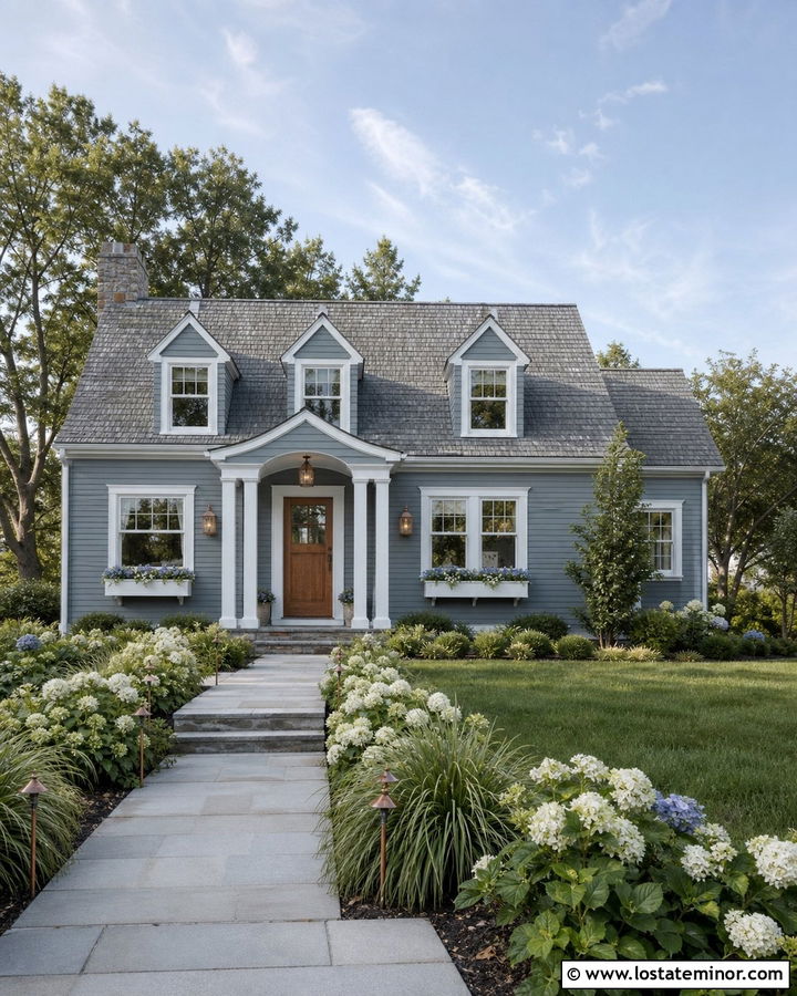 Dusty Blue Cape Cod With Copper Lanterns - 30 Dusty Blue House Design With Lighting Ideas