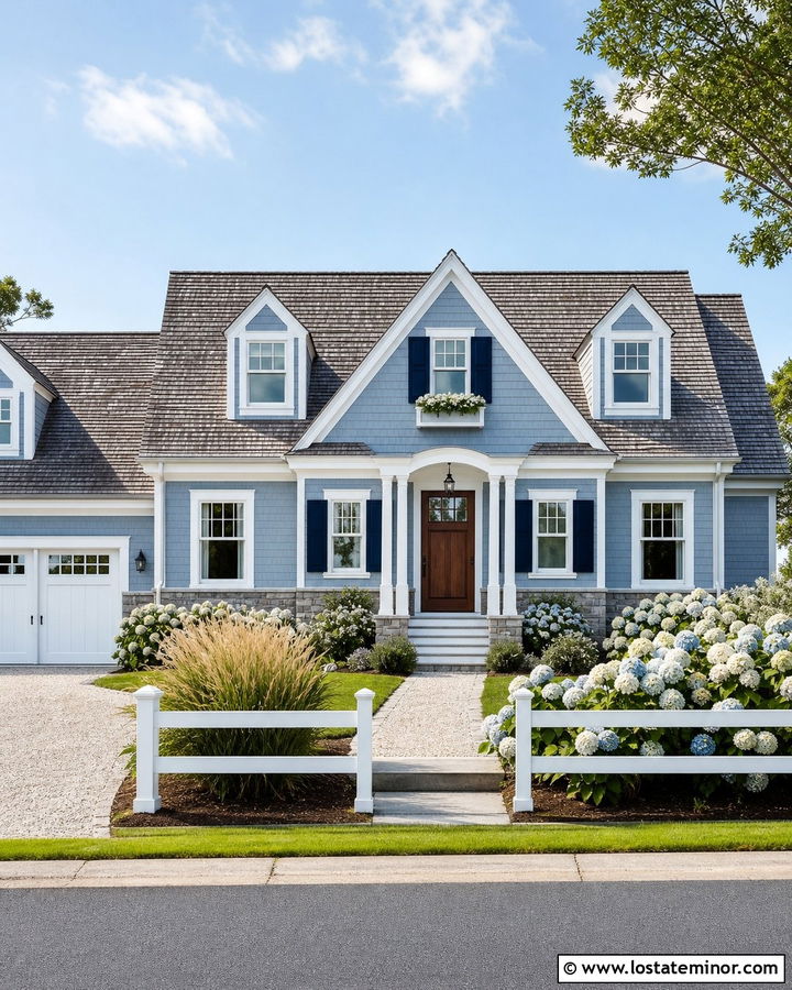 Dusty Blue Cape Cod With Gray Stone Wainscoting - 30 Dusty Blue House Design With Wainscoting Ideas