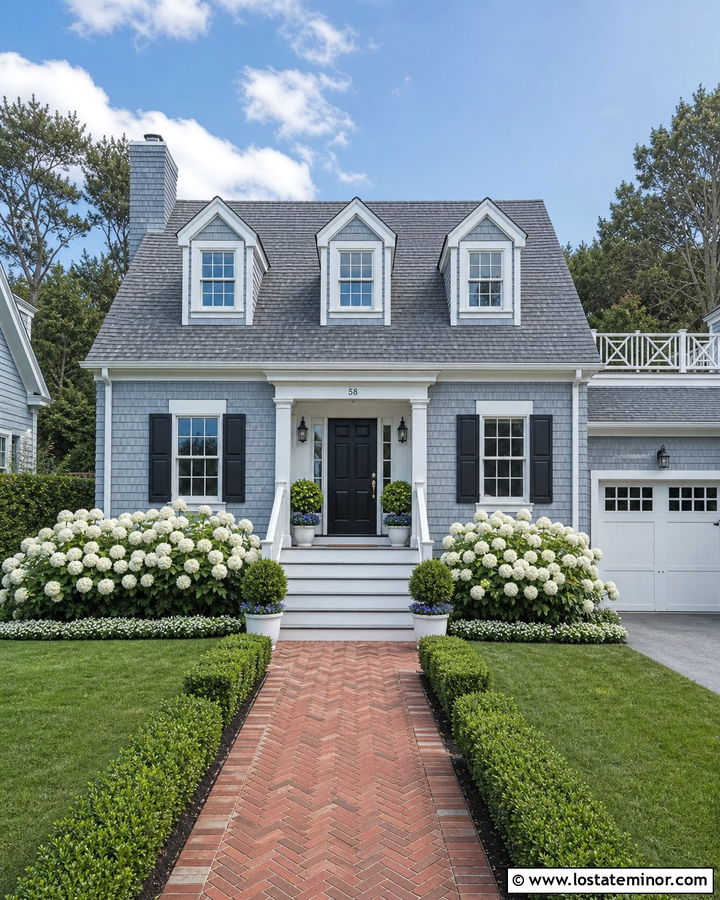 Dusty Blue Cape Cod With Herringbone Brick Walkway - 30 Dusty Blue House Design With Walkway Ideas