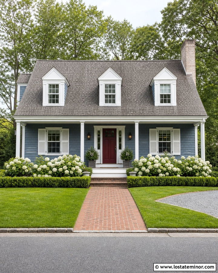 Dusty Blue Cape Cod With Narrow White Columns - 30 Dusty Blue House Design With Porch Columns Ideas