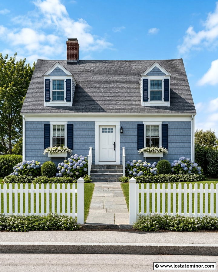 Dusty Blue Cape Cod With Navy Shutters - 30 Dusty Blue House Design With Accents Ideas