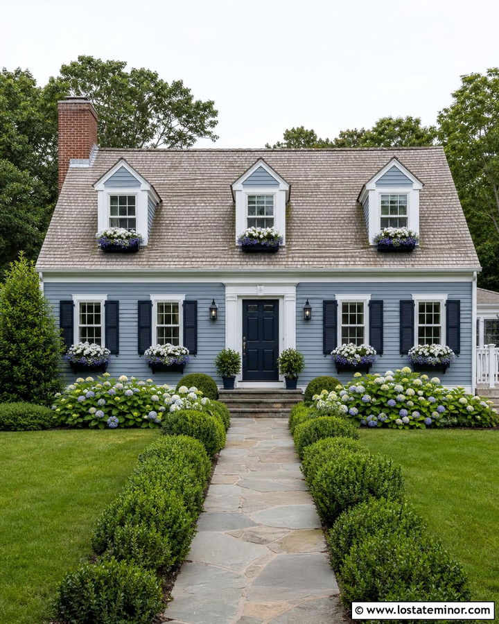 Dusty Blue Cape Cod With Navy Window Boxes - 30 Dusty Blue House Design With Window Boxes Ideas