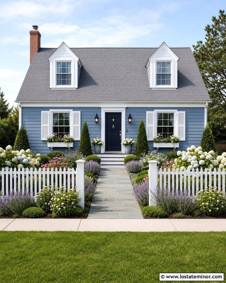 Dusty Blue Cape Cod With Picket Fence Front Yard - 30 Dusty Blue House Design With Front Yard Ideas