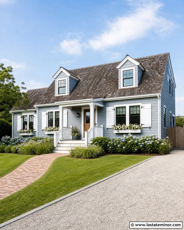 Dusty Blue Cape Cod With White Board Shutters - 30 Dusty Blue House Design With Shutters Ideas