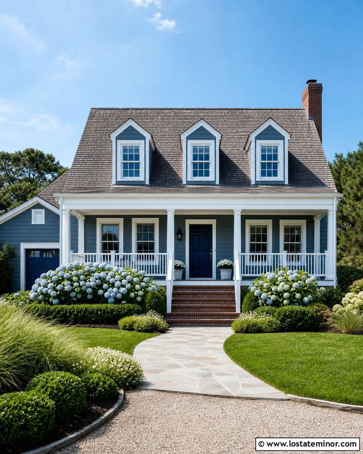 Dusty Blue Cape Cod With White Porch Railings - 30 Dusty Blue House Design With Front Porch Ideas