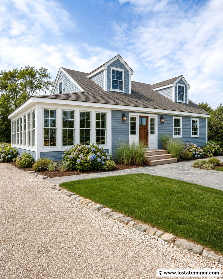 Dusty Blue Cape Cod With Wraparound Sunroom - 30 Dusty Blue House Design With Sunroom Ideas
