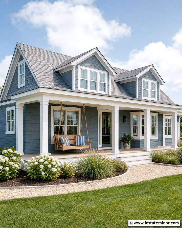 Dusty Blue Coastal Cottage With Rope Swing - 30 Dusty Blue House Design With Swing Ideas