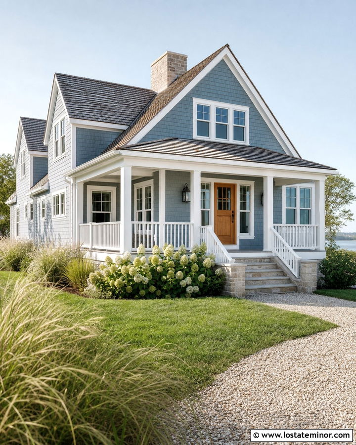 Dusty Blue Coastal Cottage With Weathered Wood Roof - 30 Dusty Blue House Design With Accents Ideas
