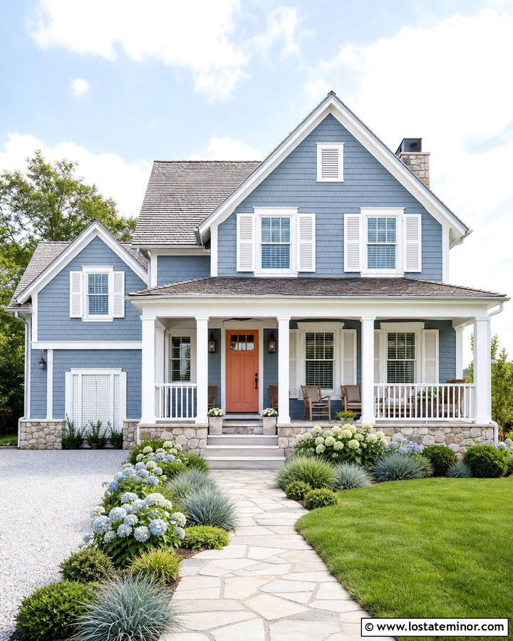 Dusty Blue Coastal Cottage With White Shutters - 30 Dusty Blue House Design With Shutters Ideas