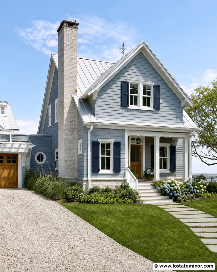 Dusty Blue Coastal House With Brick Chimney - 30 Dusty Blue House Design With Chimney Ideas