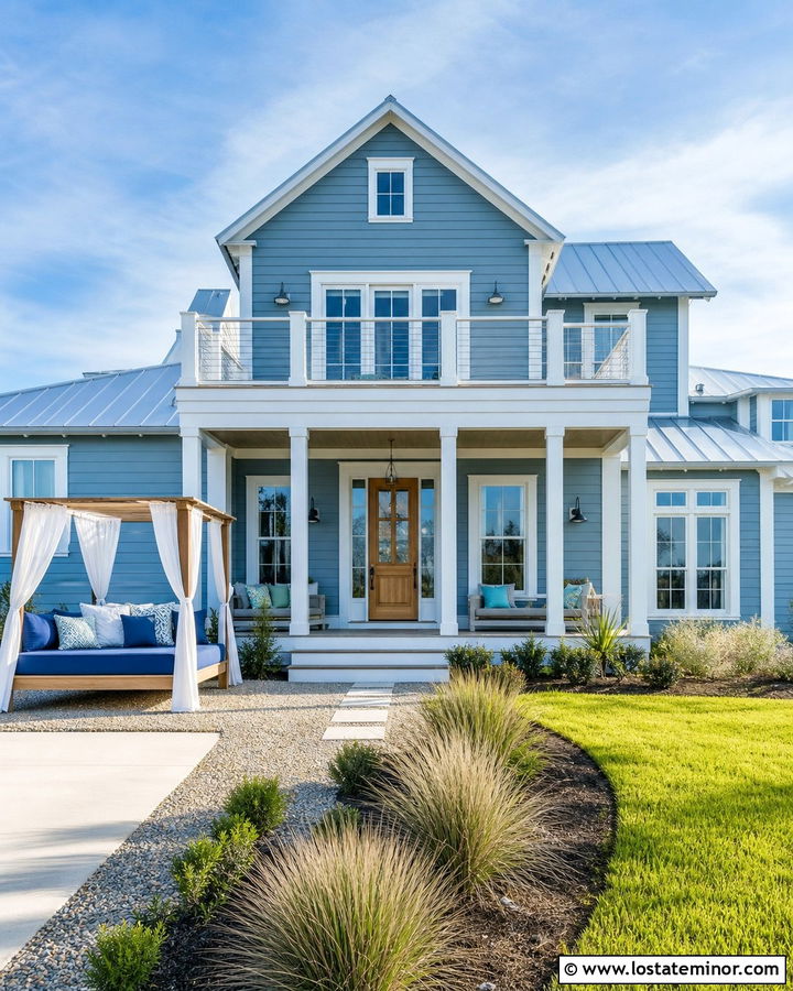Dusty Blue Coastal House With Canopy Daybed - 30 Dusty Blue House Design With Daybed Ideas