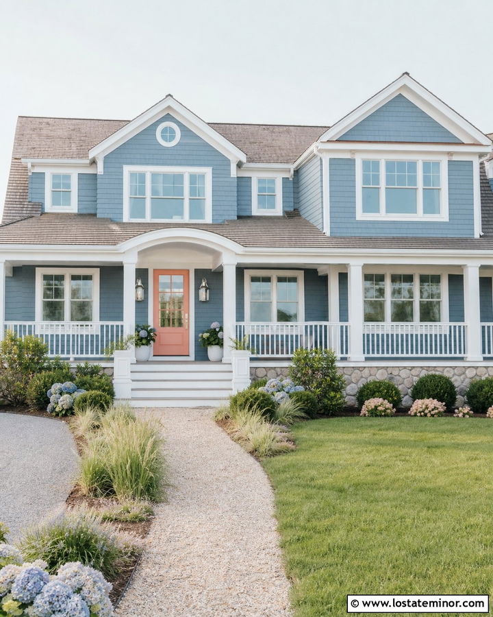 Dusty Blue Coastal House With Coral Door - 30 Dusty Blue House Design With Accents Ideas