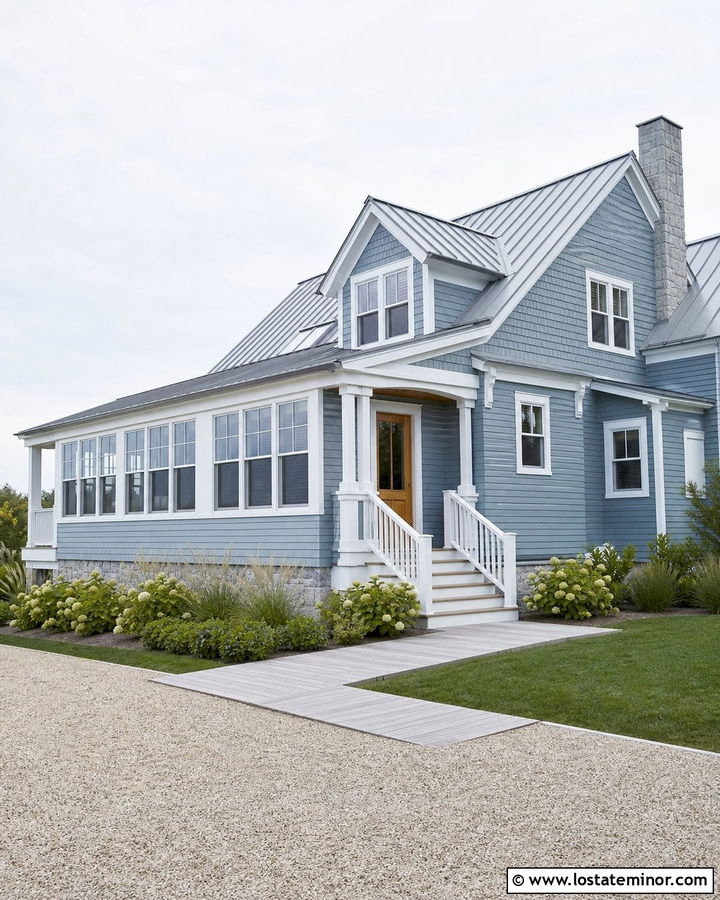 Dusty Blue Coastal House With Metal Roof Sunroom - 30 Dusty Blue House Design With Sunroom Ideas