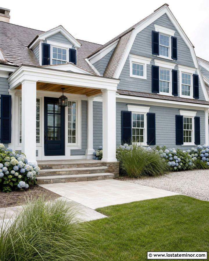 Dusty Blue Coastal House With Navy Front Door - 30 Dusty Blue House Design With Entry Door Ideas