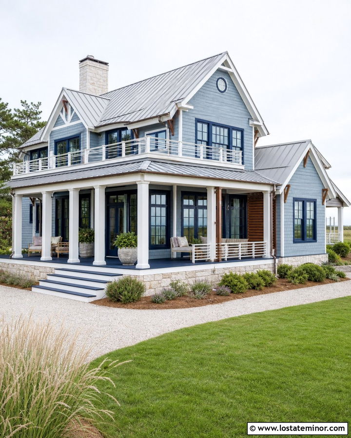 Dusty Blue Coastal House With Navy Window Frames - 30 Dusty Blue House Design With Window Frames Ideas