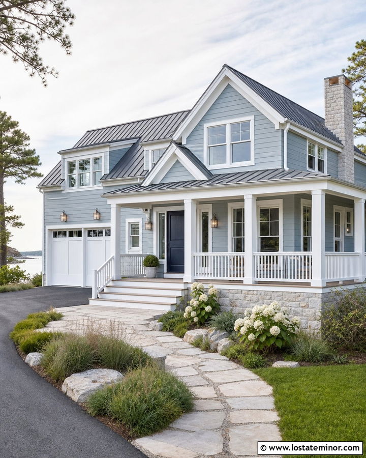 Dusty Blue Coastal House With Nickel Lights - 30 Dusty Blue House Design With Lighting Ideas