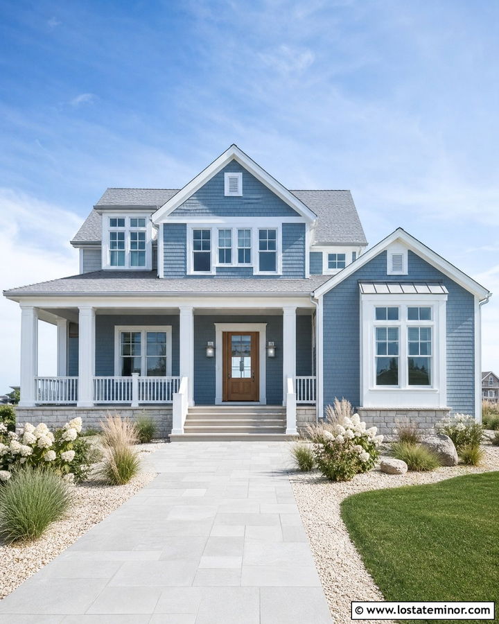 Dusty Blue Coastal House With Nickel Sconces - 30 Dusty Blue House Design With Light Fixtures Ideas