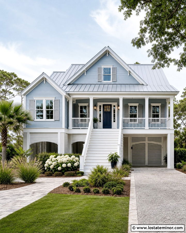 Dusty Blue Coastal House With Pale Gray Shutters - 30 Dusty Blue House Design With Shutters Ideas