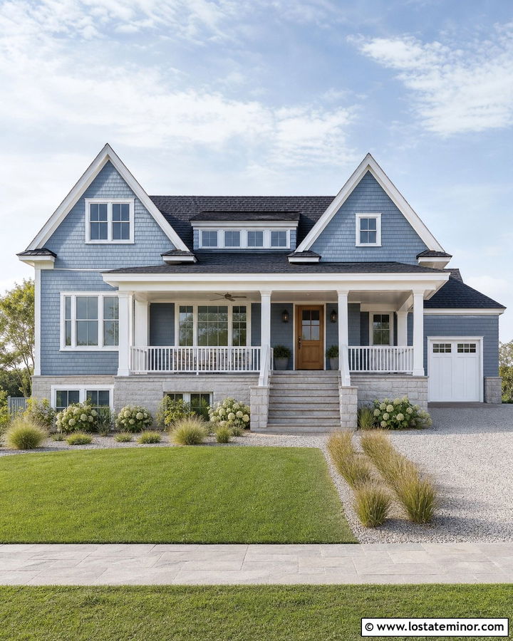 Dusty Blue Coastal House With Pale Stone - 30 Dusty Blue House Design With Stone Accents Ideas