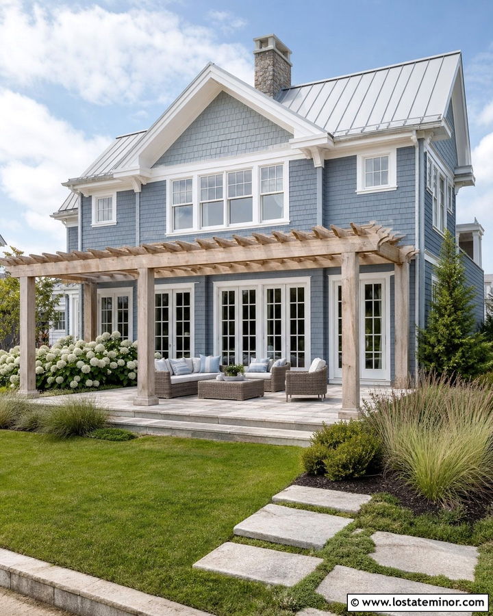 Dusty Blue Coastal House With Pergola - 30 Dusty Blue House Design With Pergola Ideas
