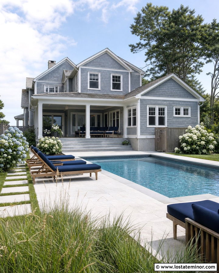 Dusty Blue Coastal House With Saltwater Pool - 30 Dusty Blue House Design With Swimming Pool Ideas