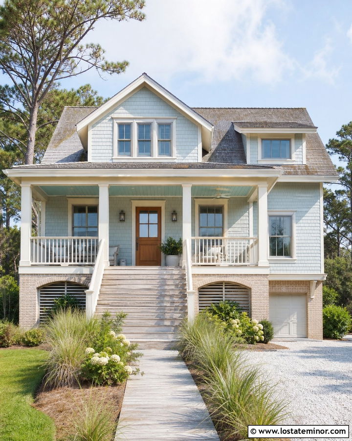 Dusty Blue Coastal House With Sand Brick - 30 Dusty Blue House Design With Brick Accents Ideas